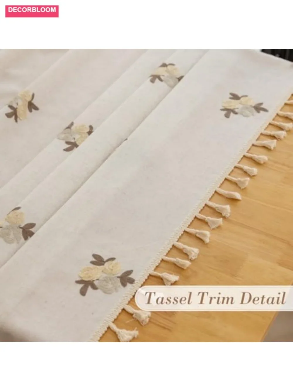 Linen Blend Embroidered Floral Rectangle Tablecloth Tassel 60x84 Farmhouse